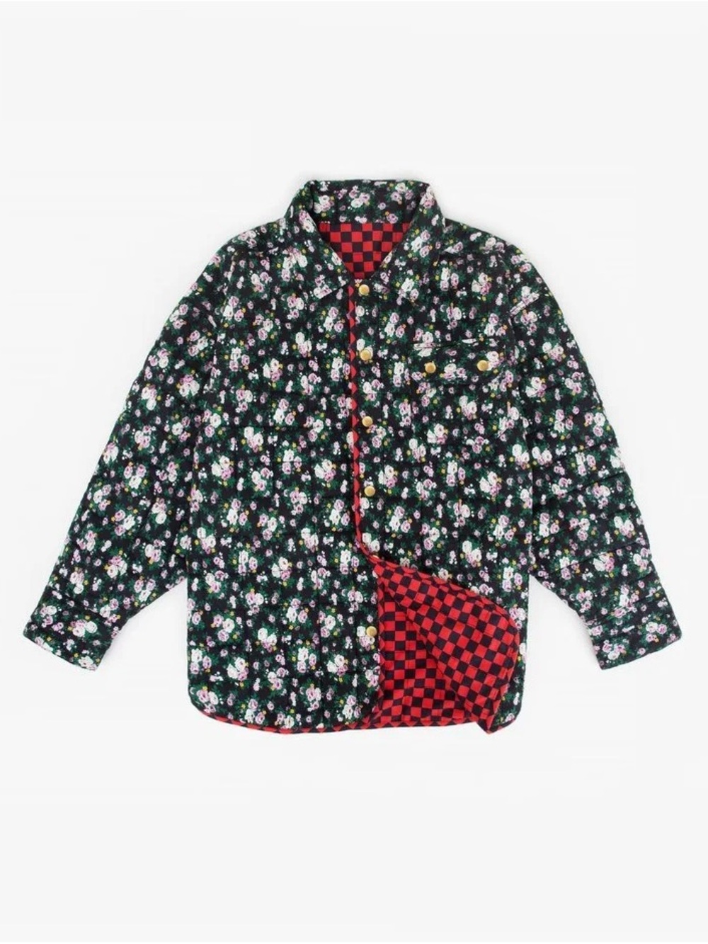 Clare V Quilted Floral Checkerboard Button-Down Reversible Shacket